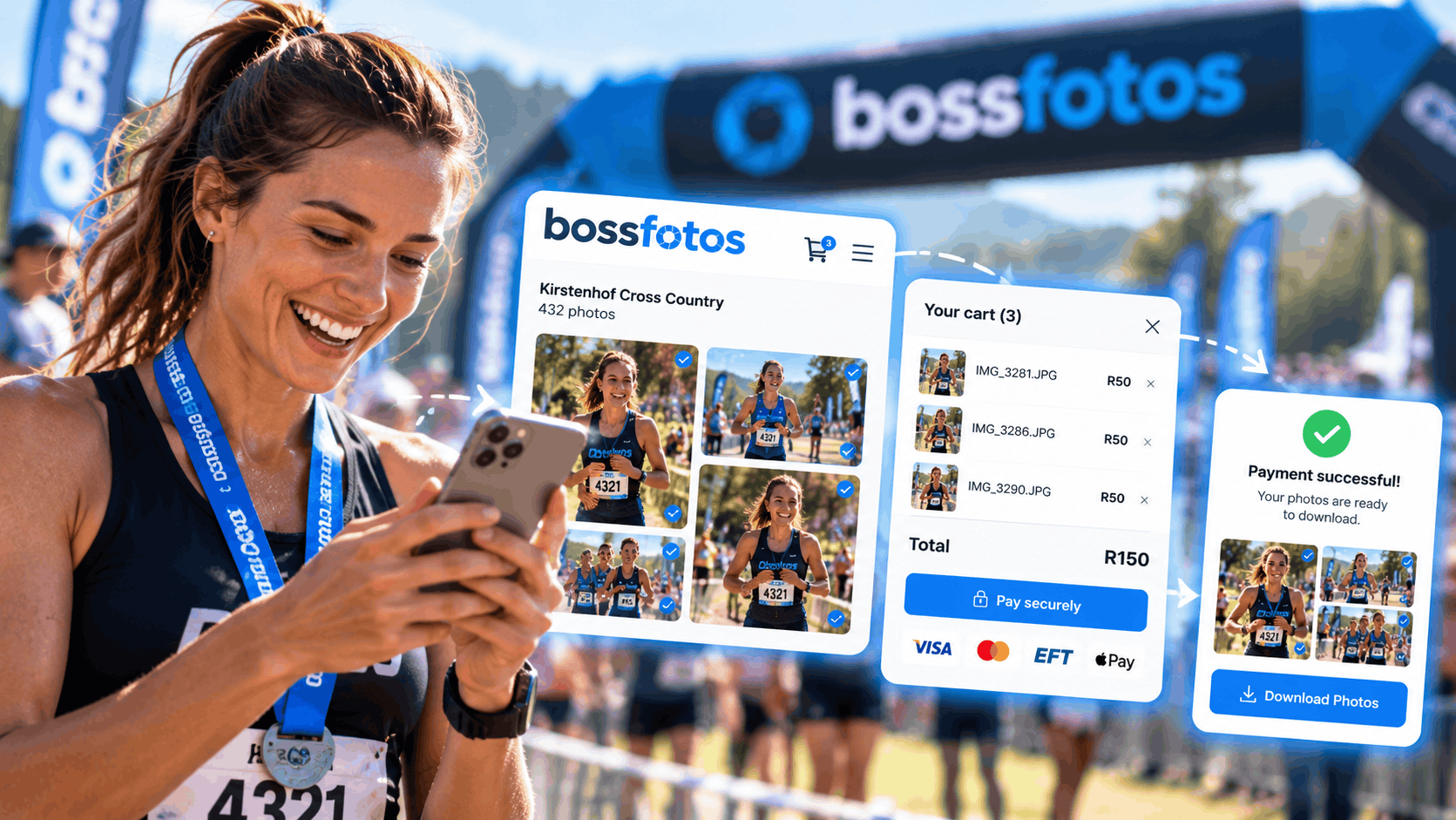 Competitor finding and buying her race photos on her phone at the finish line