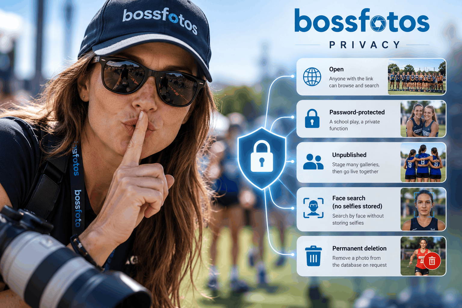 Bossfotos privacy levels: open, password-protected, unpublished, face search without stored selfies, permanent deletion