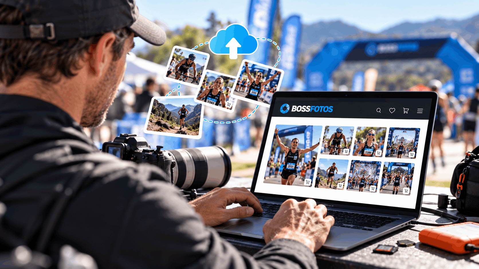 Photographer uploading event photos to Bossfotos from a laptop at the finish line