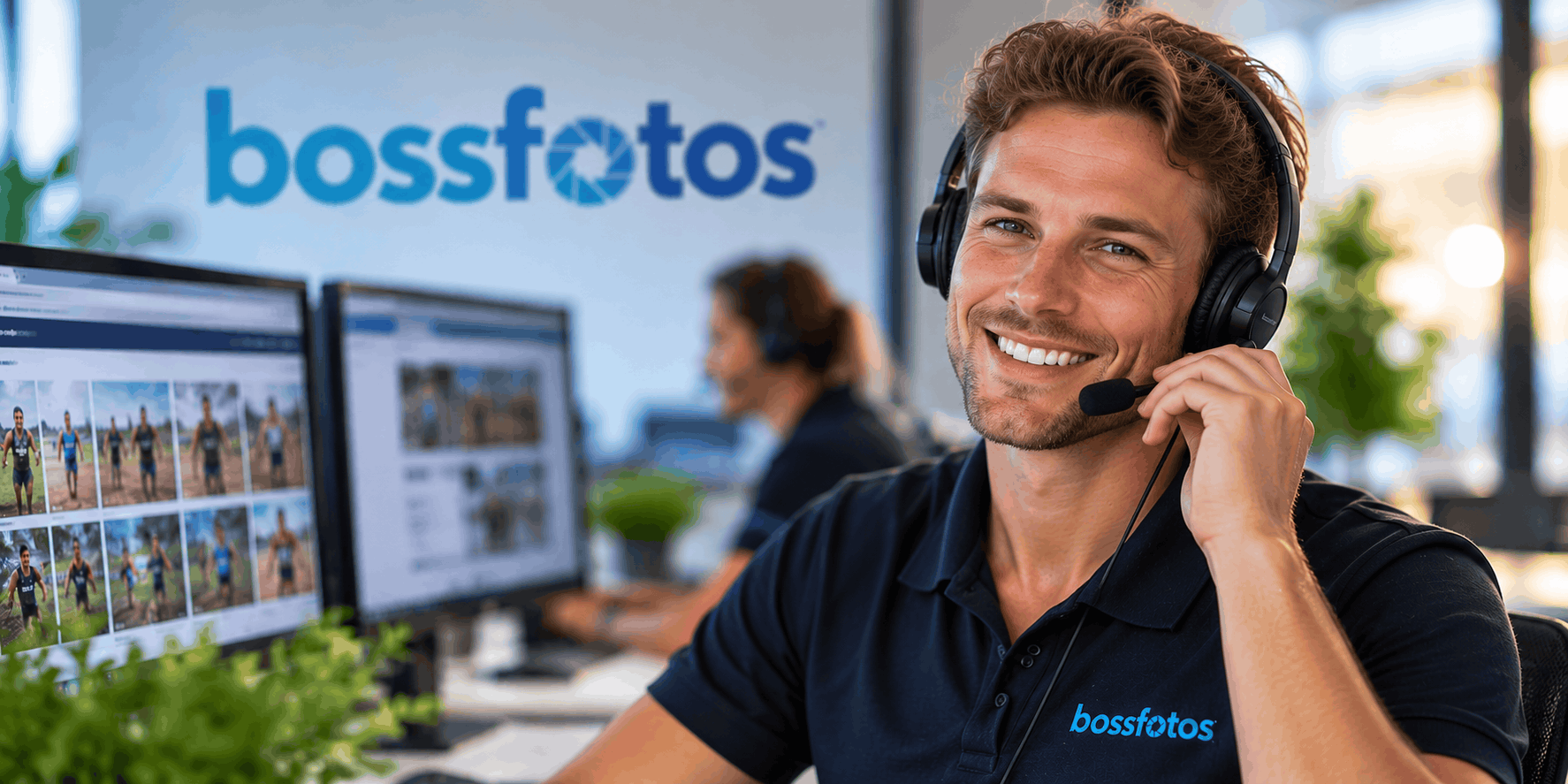 Bossfotos support team member on a headset