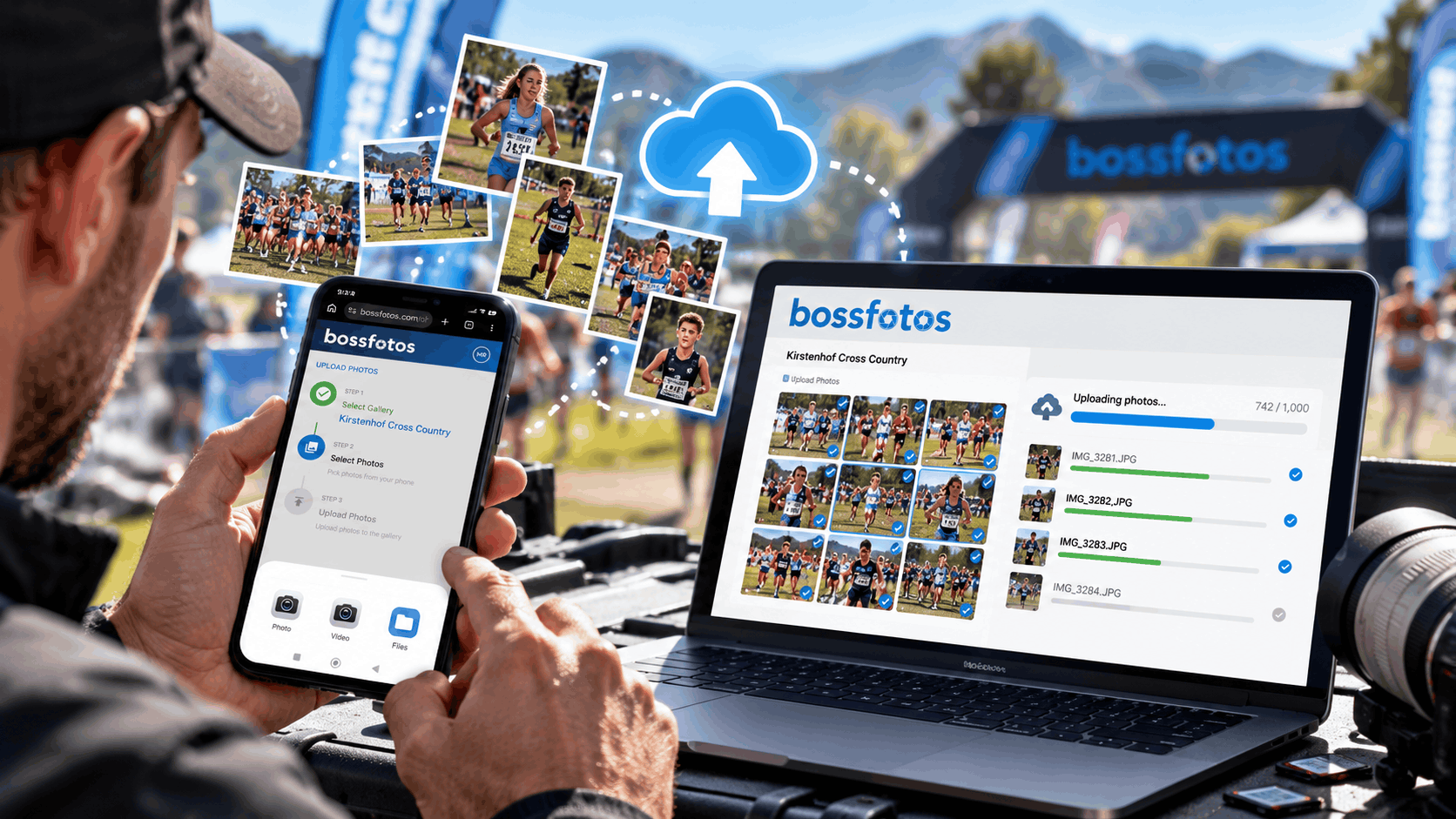 Uploading photos to Bossfotos from a phone and a laptop at a cross-country event
