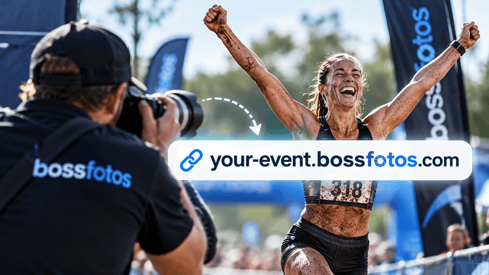 Photographer capturing a finisher, with the event's own Bossfotos URL